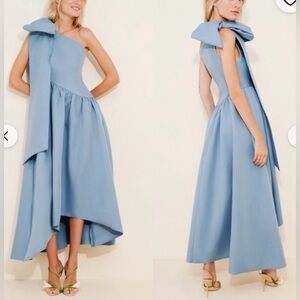 Elliatt Liesel One-Shoulder Dress. Shoulder bow, draped overlay. Smokey blue. M
